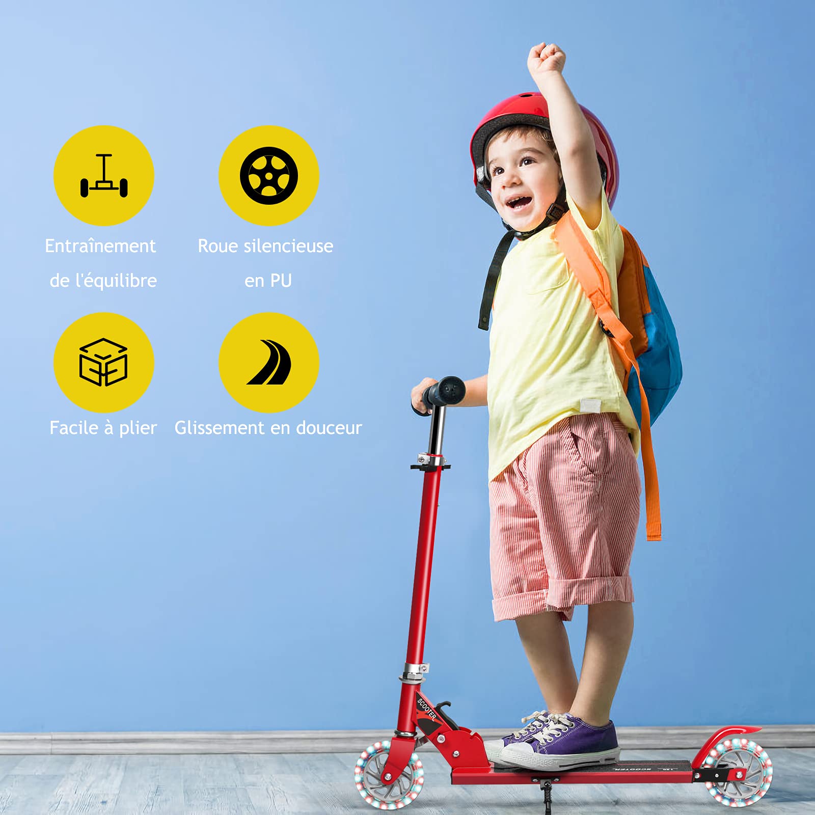 GOPLUS Trottinette Enfant de 3 à 7 Ans, Trottinette Pliable avec 2 Roues Lumineux, Poignée Hauteur Réglable, Frein sur Roue Arrière, Charge Max 70KG, 70x10x63/73/86CM, Cadeau pour Garçon/Fille
