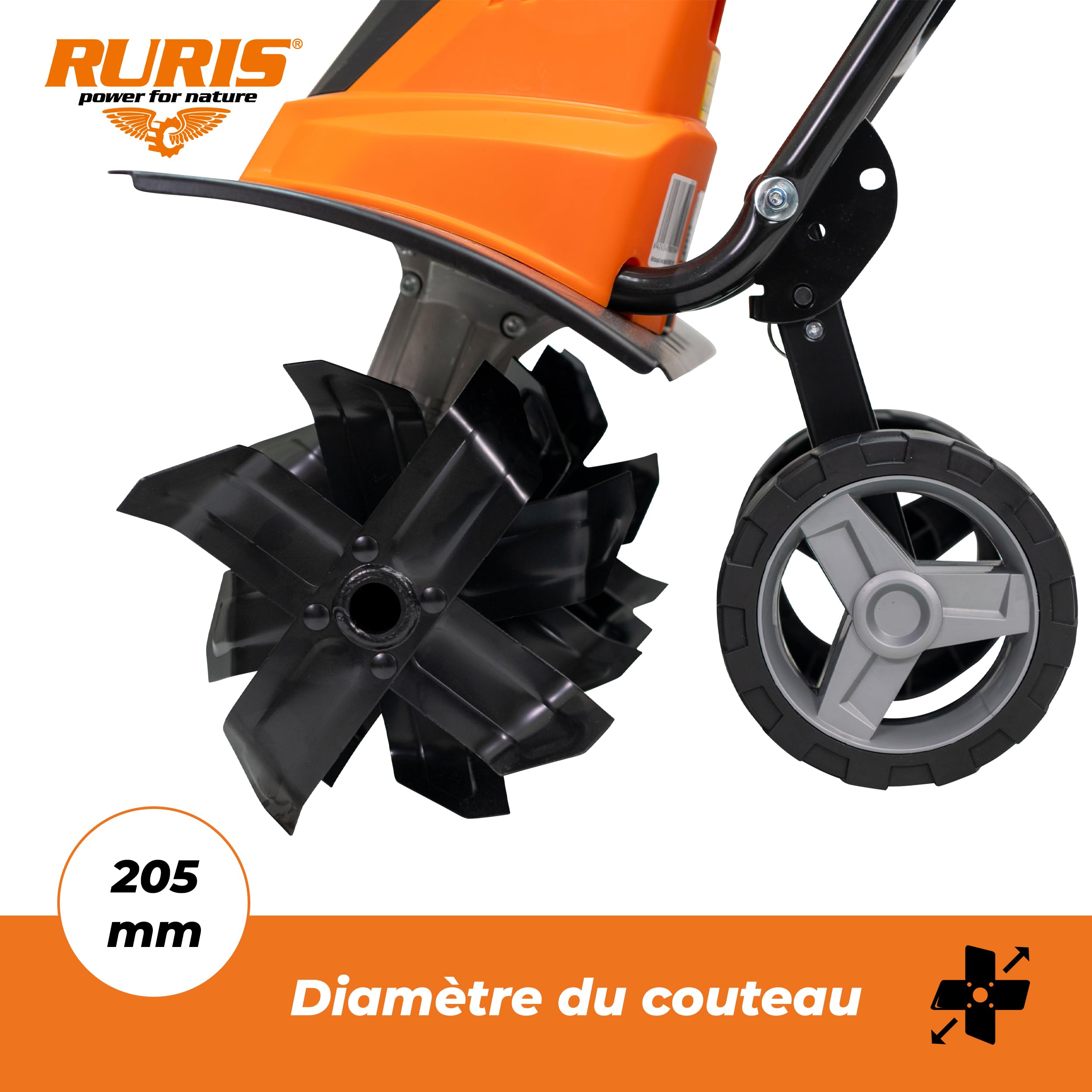 RURIS Motobineuse électrique 160RE - 1600W, Largeur 450 mm, Profondeur 220 mm, 24 Couteaux, Frein électronique, 2 Roues, légère et silencieuse, Orange