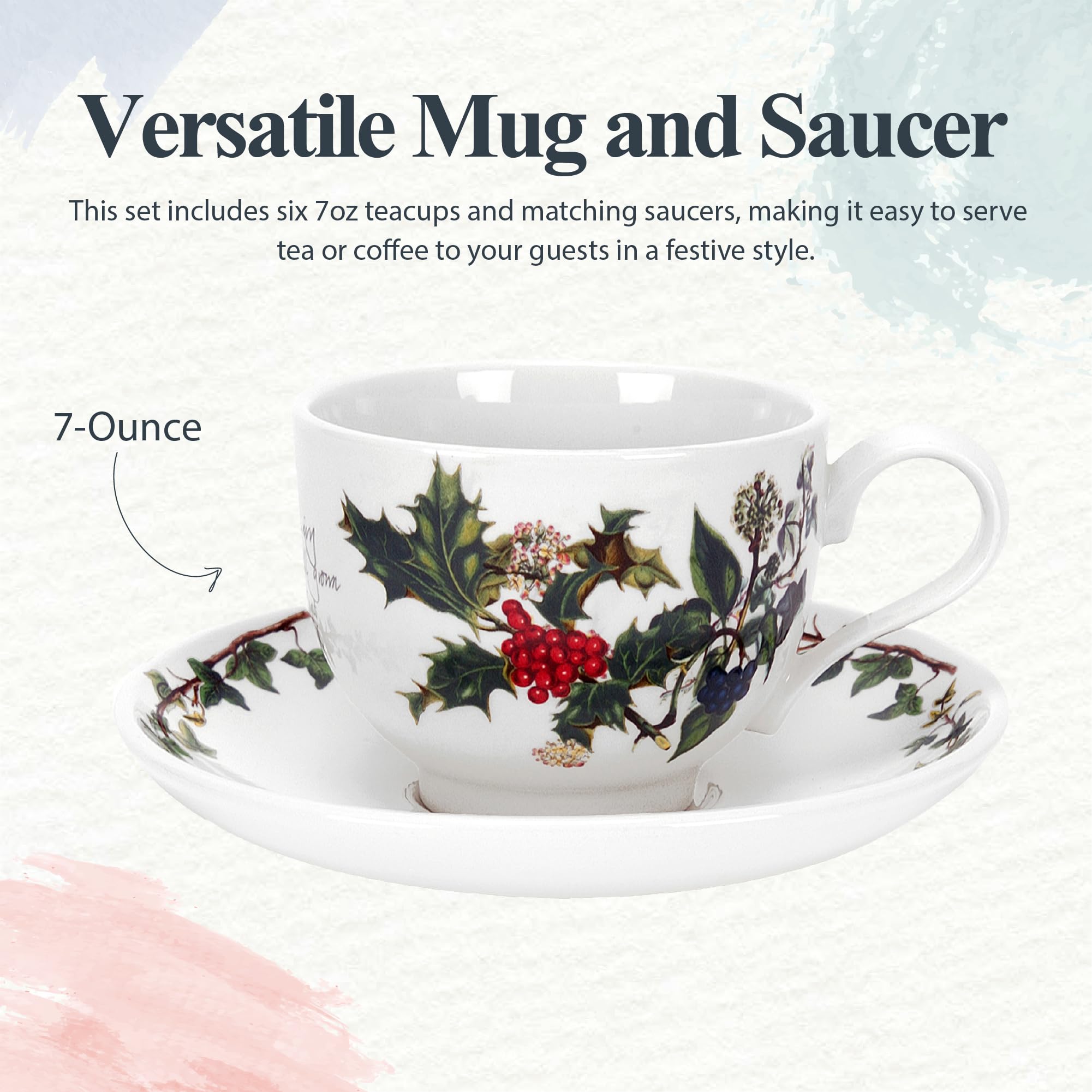 Portmeirion Home & Gifts Filiżanka i spodek do herbaty Holly & Ivy, ceramiczny, wielokolorowy, zestaw 6 szt