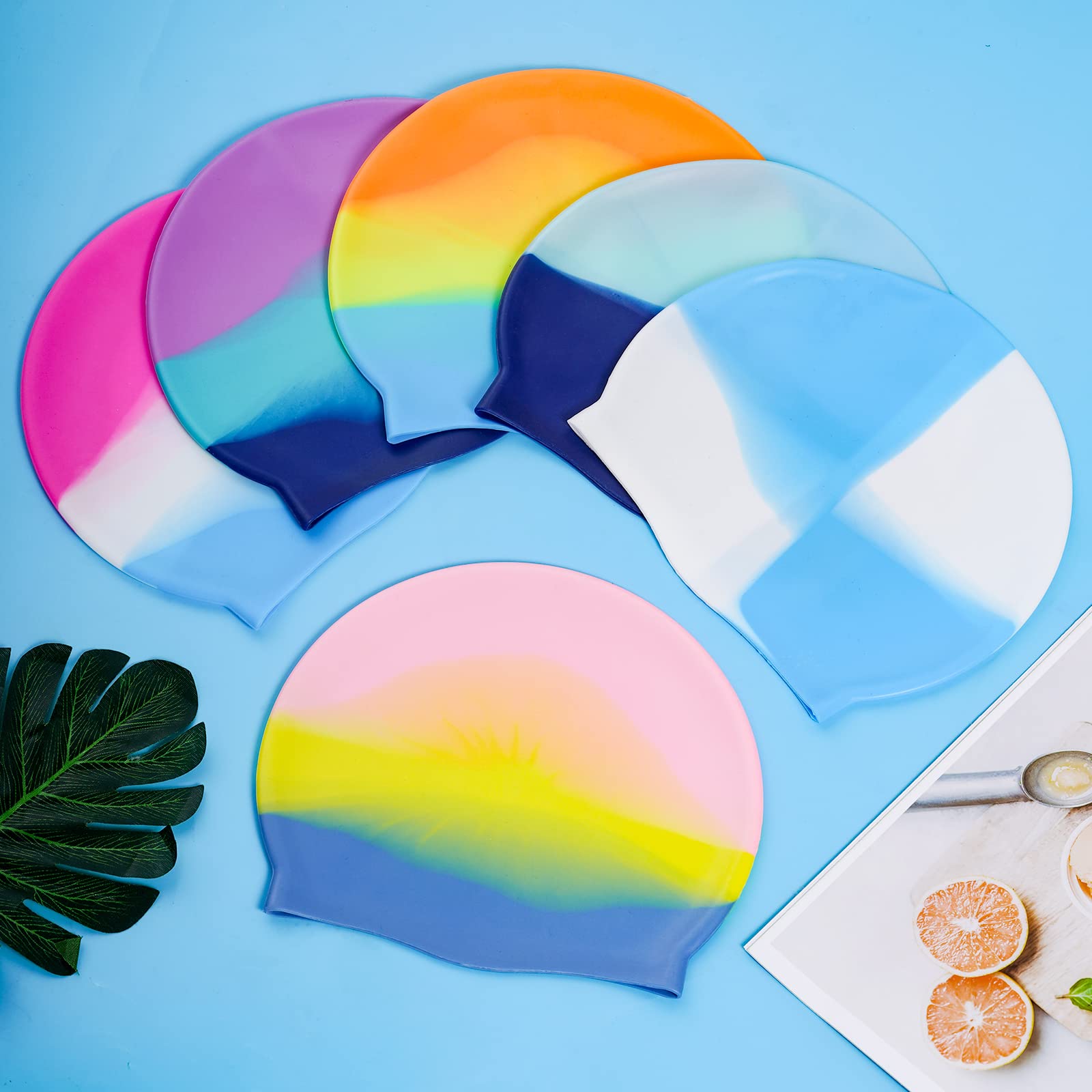 6 Stück Silikon-Badekappe für Erwachsene, Silikon-Badekappe für Damen, Herren, Kinder, hohe Elastizität, dicke Schwimmbadkappe, Silikon-Badekappe für langes Haar, kurzes Haar, Silikon, Duschhaube
