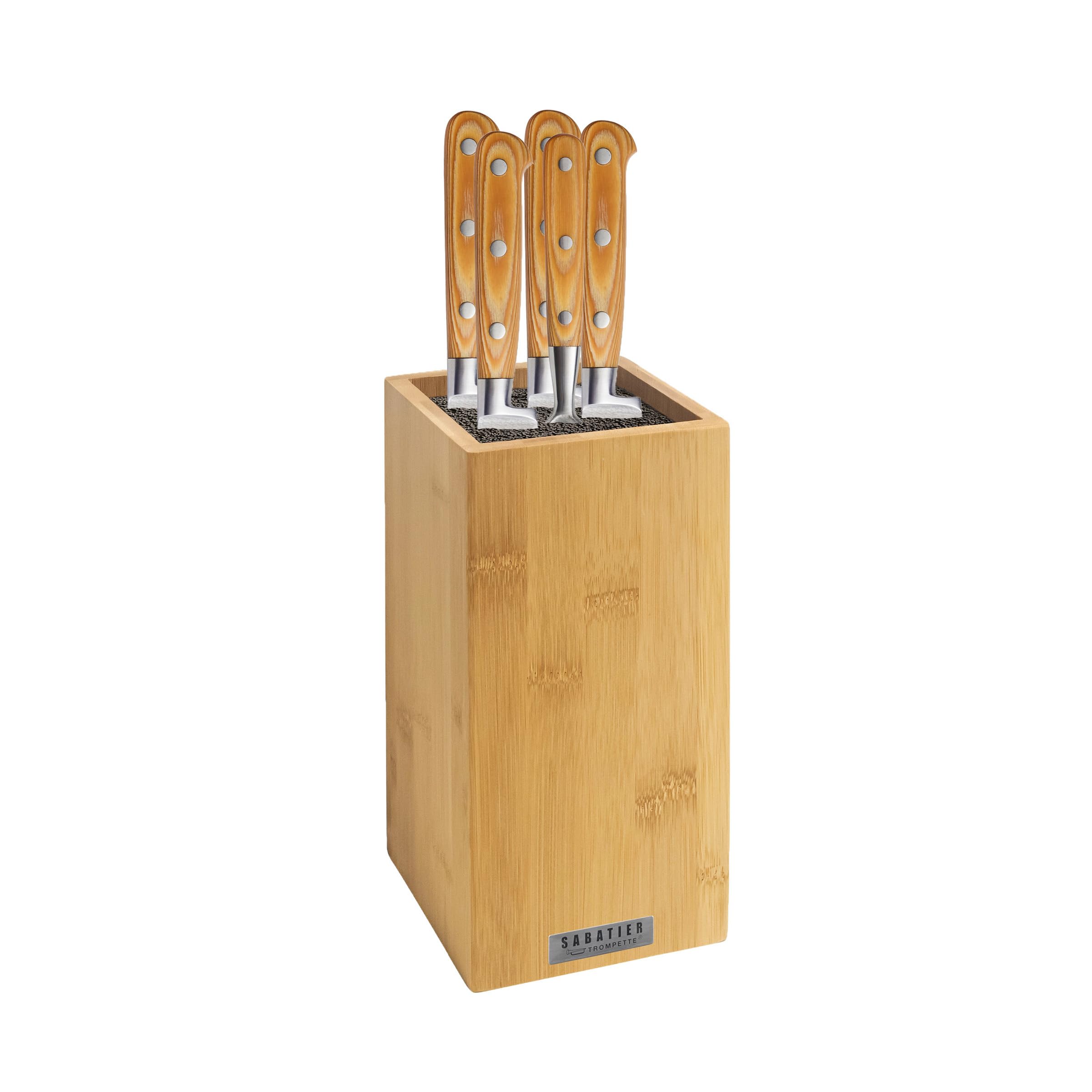 SABATIER TROMPETTE - Bloc 5 couteaux de cuisine - Essentiel - Acier 5Cr15MoV - Finition Satinée - 26 x 15.5 cm - Bois clair