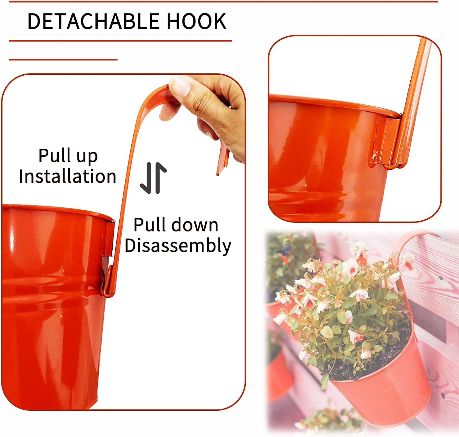 8 Pieces of 6.3 Inch Metal Iron Hanging Flower Pots, Balcony Planters Railing Hanging,Colorful Hanging Flower Pots, Garden Fence Balcony Home Decoration, with Drainage Holes and Detachable Hooks