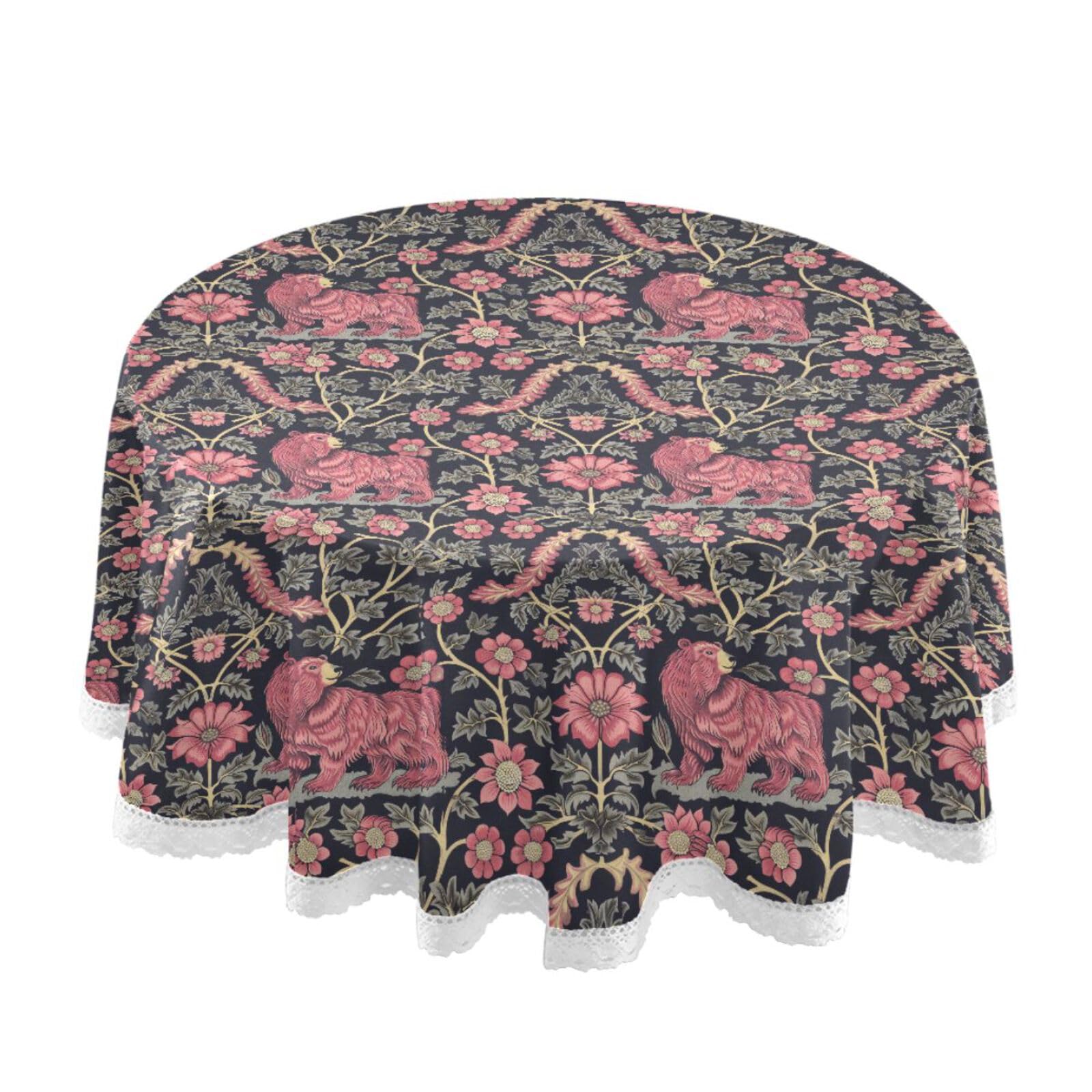 Nappe ronde 152 cm William Morris bleu foncé avec dentelle