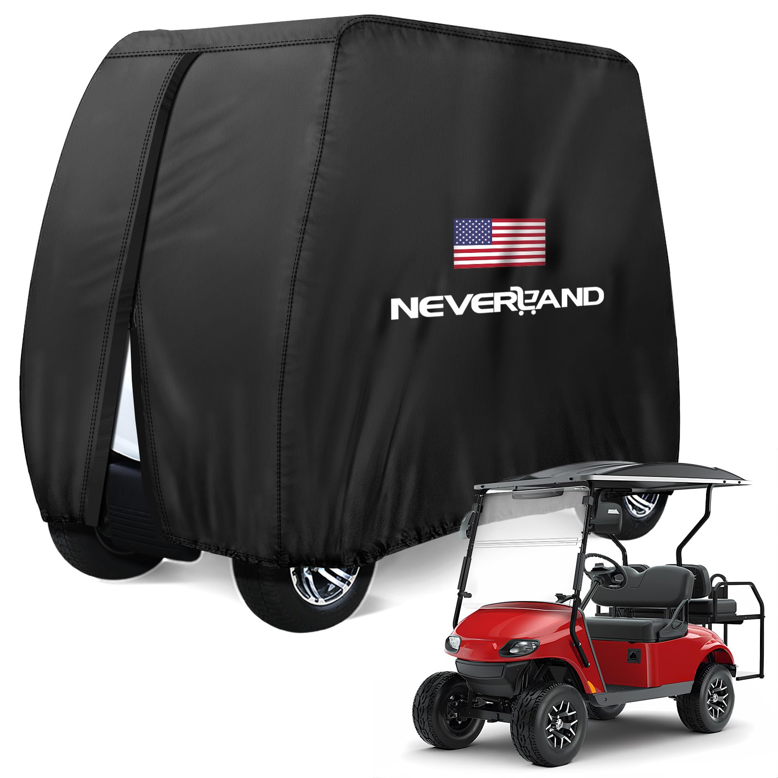 NEVERLAND Golf Cart Cover - Waterproof Golf Cart Covers - Fits for Yamaha Golf Carts EZ GO Club Car - Outdoor Windproof Sunproof (Black + Flag, Fit for 2+2/4 Passenger Cart)