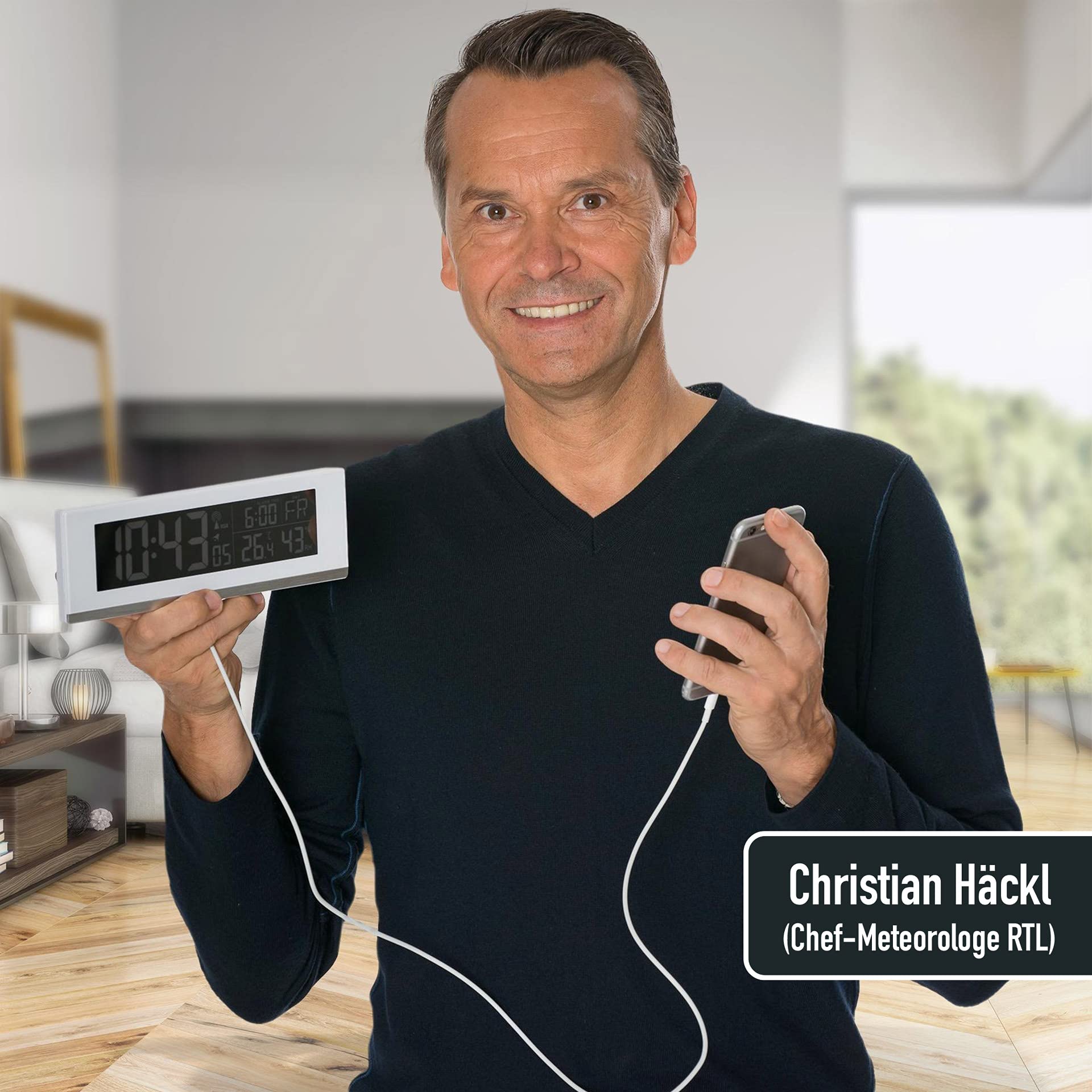 Fackelmann digitaler Wecker mit Thermometer und Hygrometer Funktion Tecno, Elegante Funkuhr mit farbigem Display & USB-Anschluss für das Handy