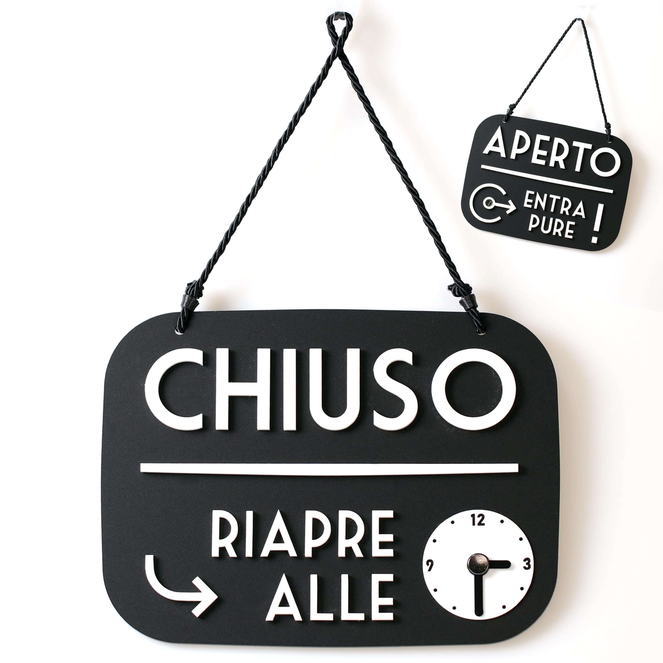 Cartello Aperto Chiuso Torno Subito con Ventosa, vintage Retro - Orario negozio modificabile con Quadrante Lancette (Nero satinato, Italiano)