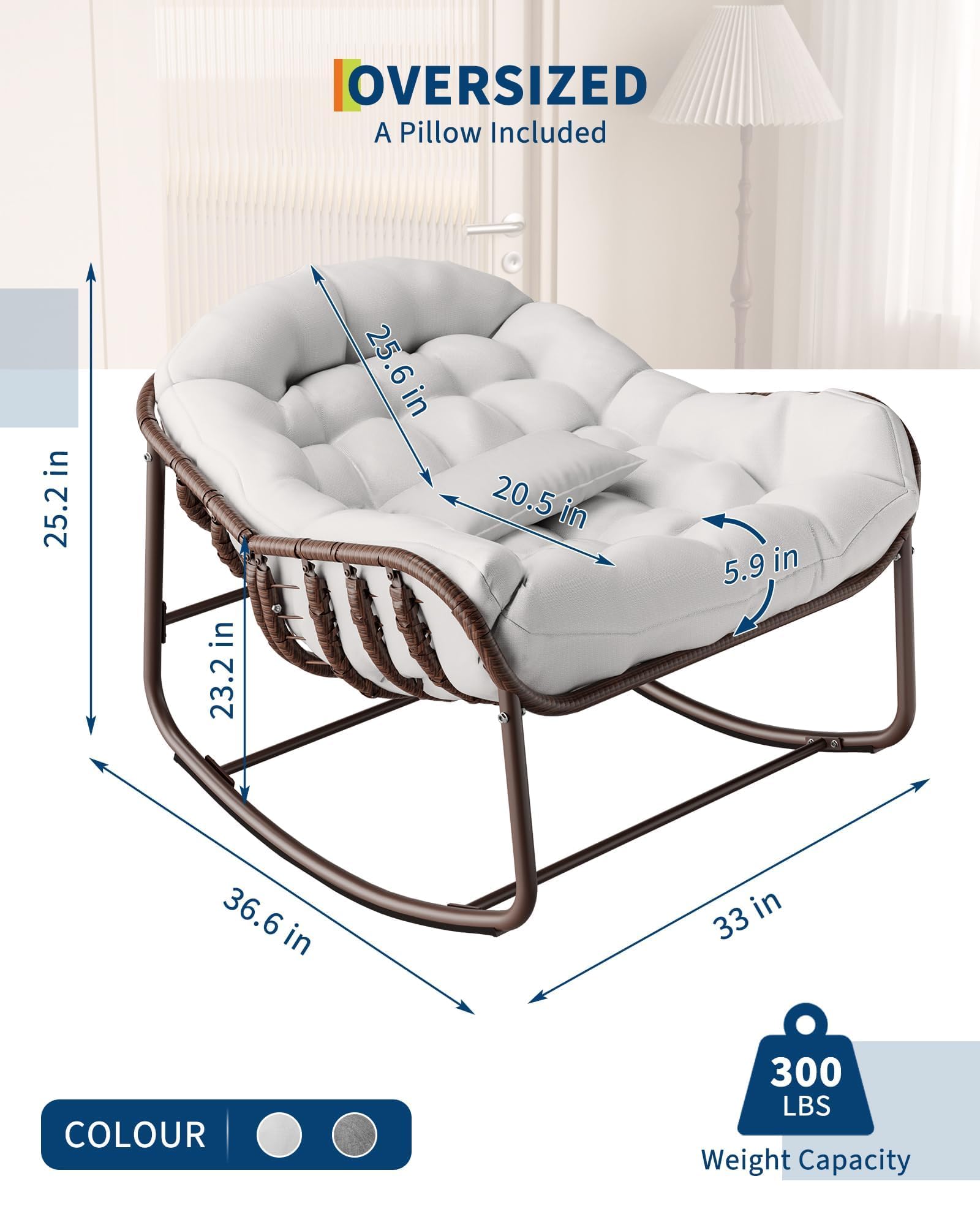 Fauteuil à Bascule Papasan d’extérieur XXL, Chaise œuf en résine tressée avec Coussin épais, Structure métal avec Base en Bois – pour Patio, Jardin, Balcon, Porche – Marron + Tissu écru –