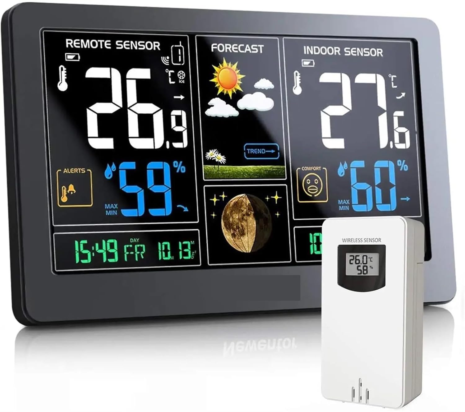 Weather Station, Wireless Indoor Weather Station Digital Thermometer Hygrometer Table Alarm Clock Temperature Humidity Sensor Weather Forecast,for Home Garden,Black with 1 Sensor-1