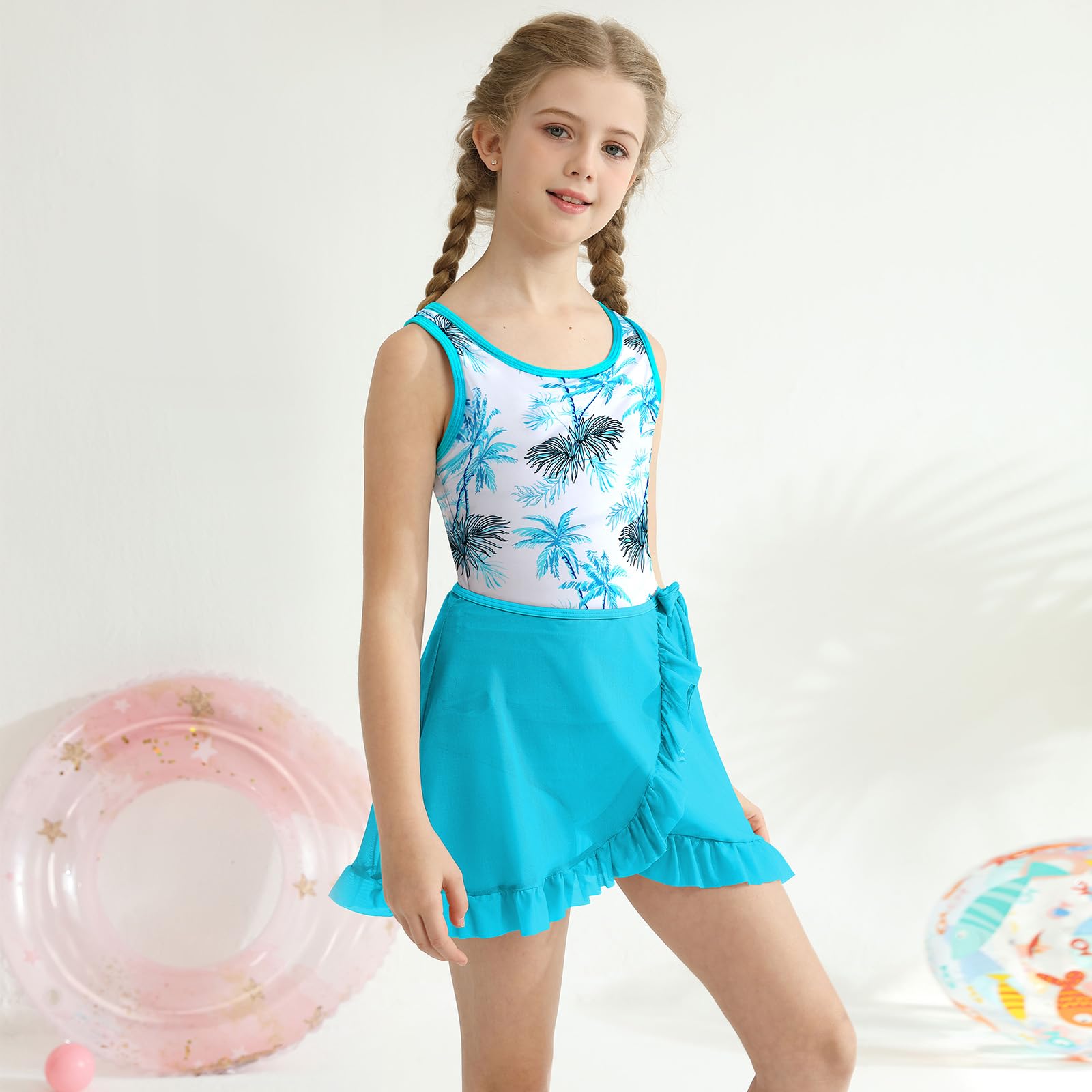 ESHOO Girls Swimsuit 3 Piece Tankini Suit Quick Dry Bathing Set with Cover Up Beach Skirt Kids Swimwear for 7-14 Years