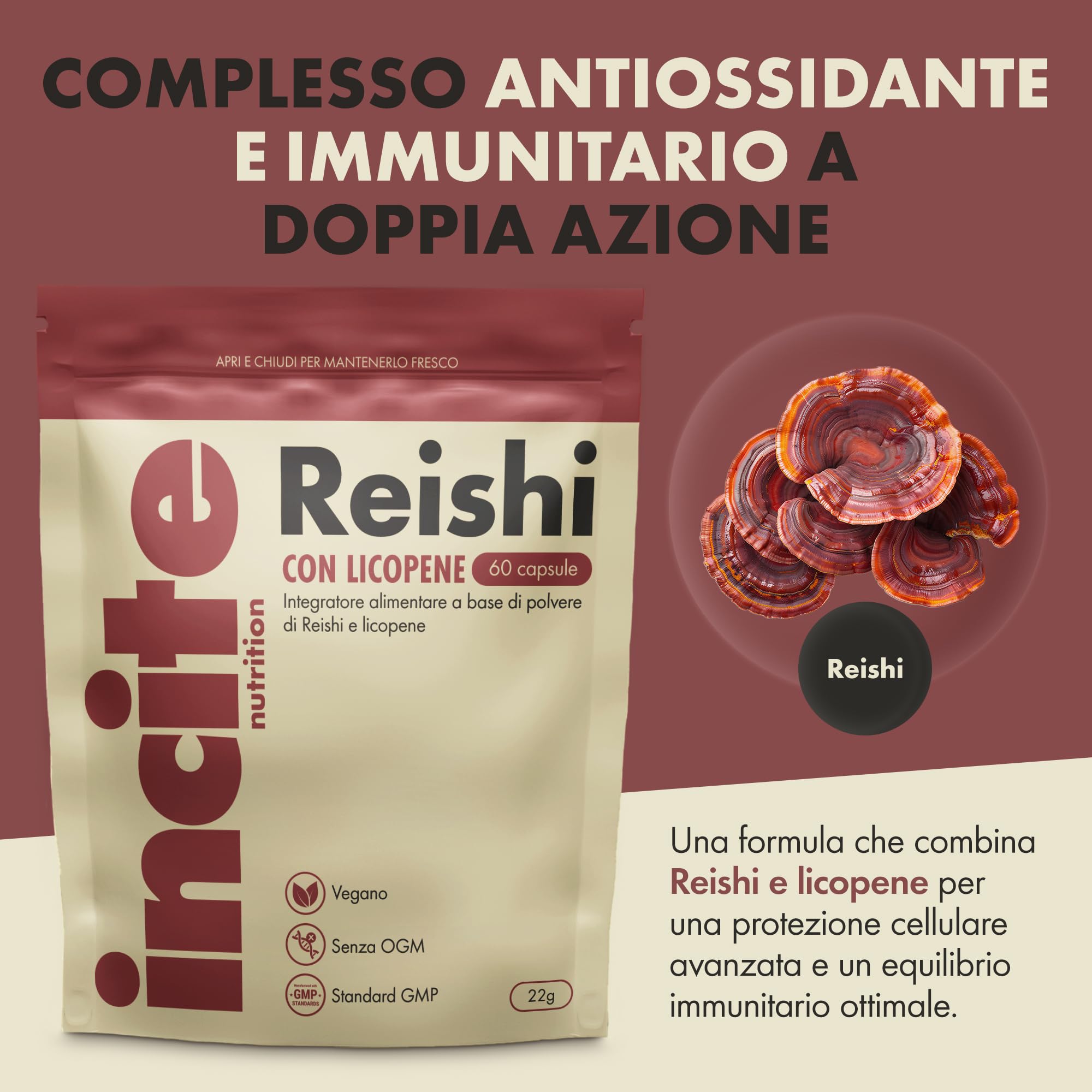 Incite Nutrition Reishi + Licopene Complex – 60 capsule vegane | Supporto immunitario e antiossidante | Polvere di reishi (Ganoderma lucidum) e licopene al 10% | Senza conservanti