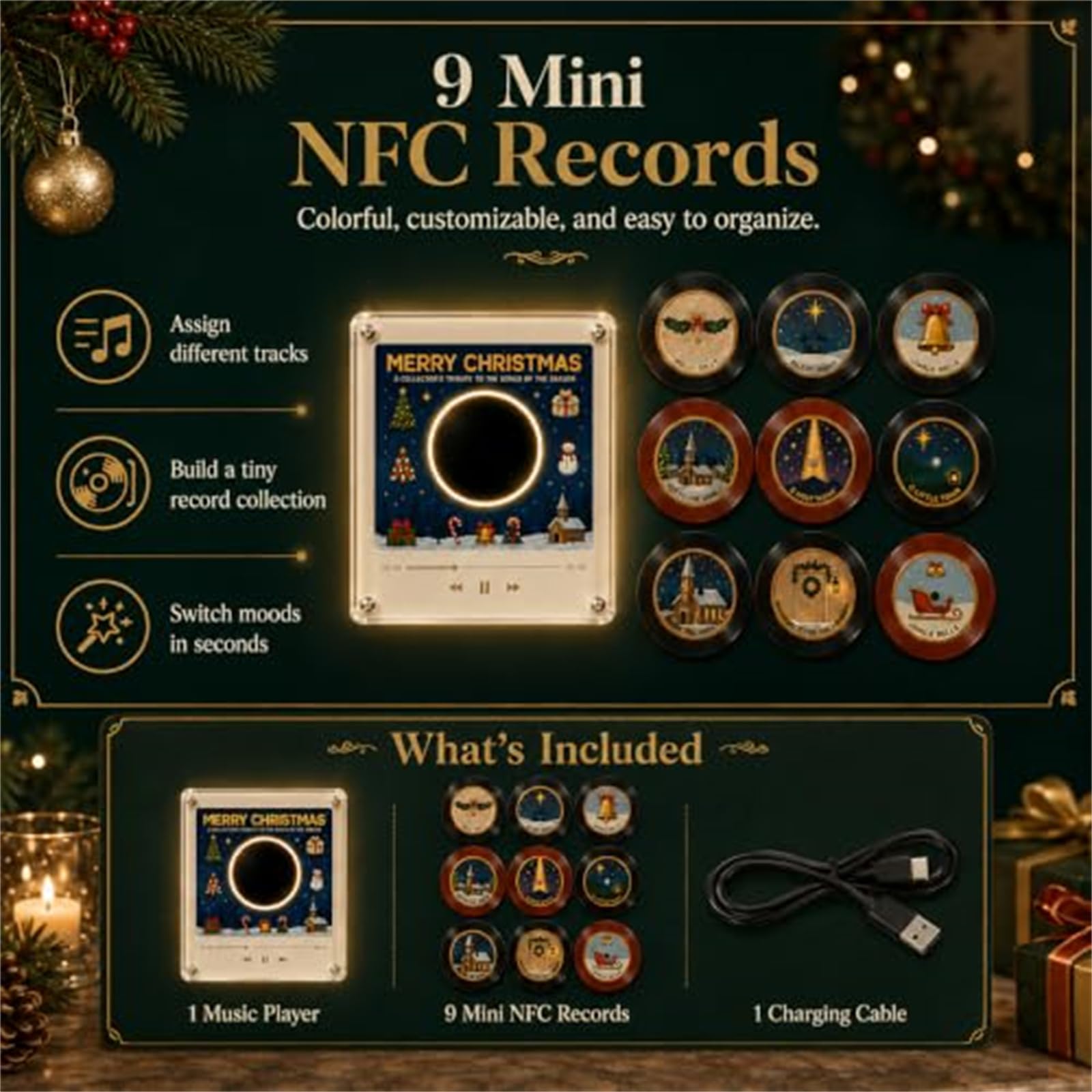 Mini Reproductor de Vinilo navideño con 9 Discos, imán para Nevera (#A)
