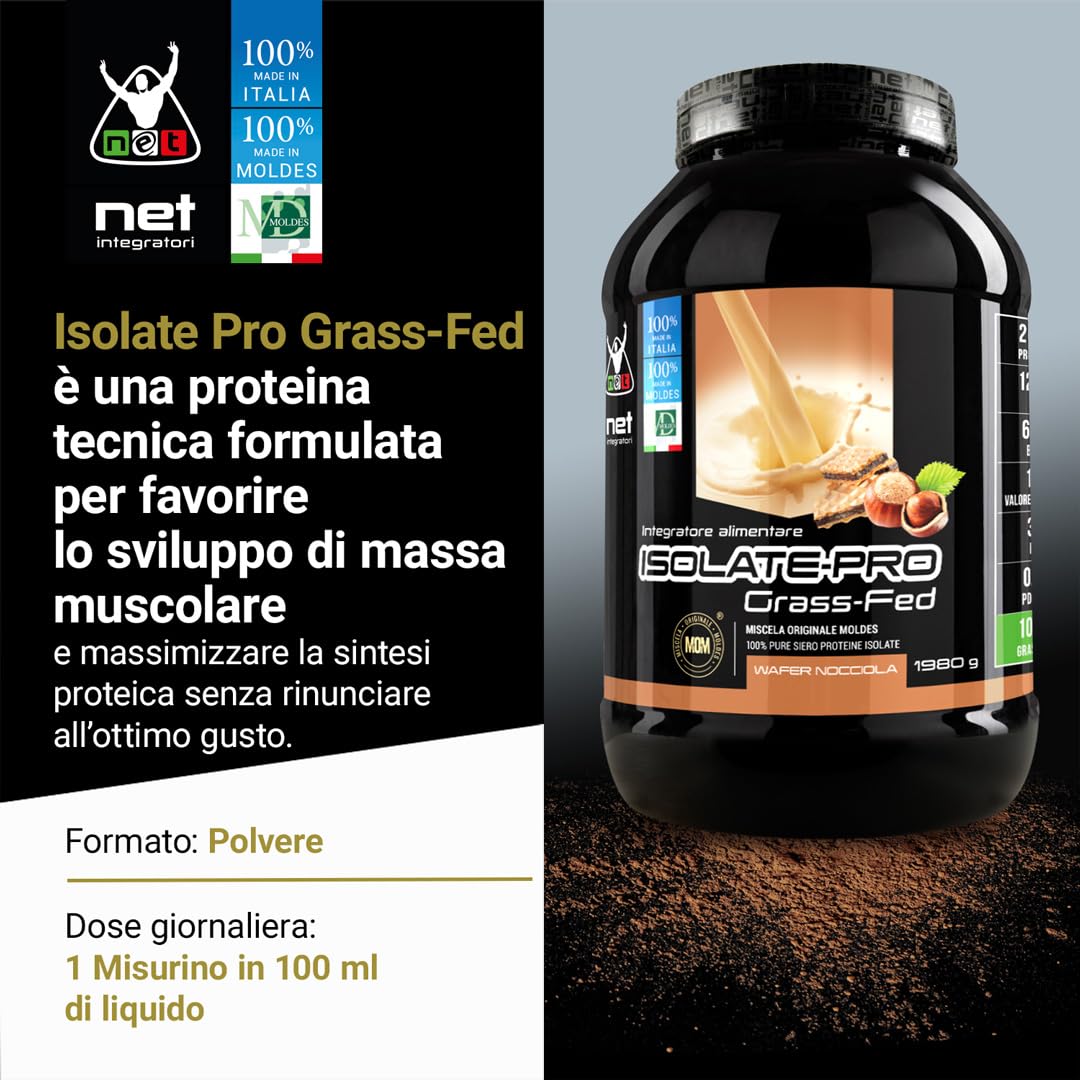 Net Integratori ISOLATE PRO Grass Fed – 1980g Wafer Nocciola - Proteine Isolate Con EAA Aminoacidi Essenziali E BCAA - Massimizza La Sintesi Proteica e La Crescita Muscolare