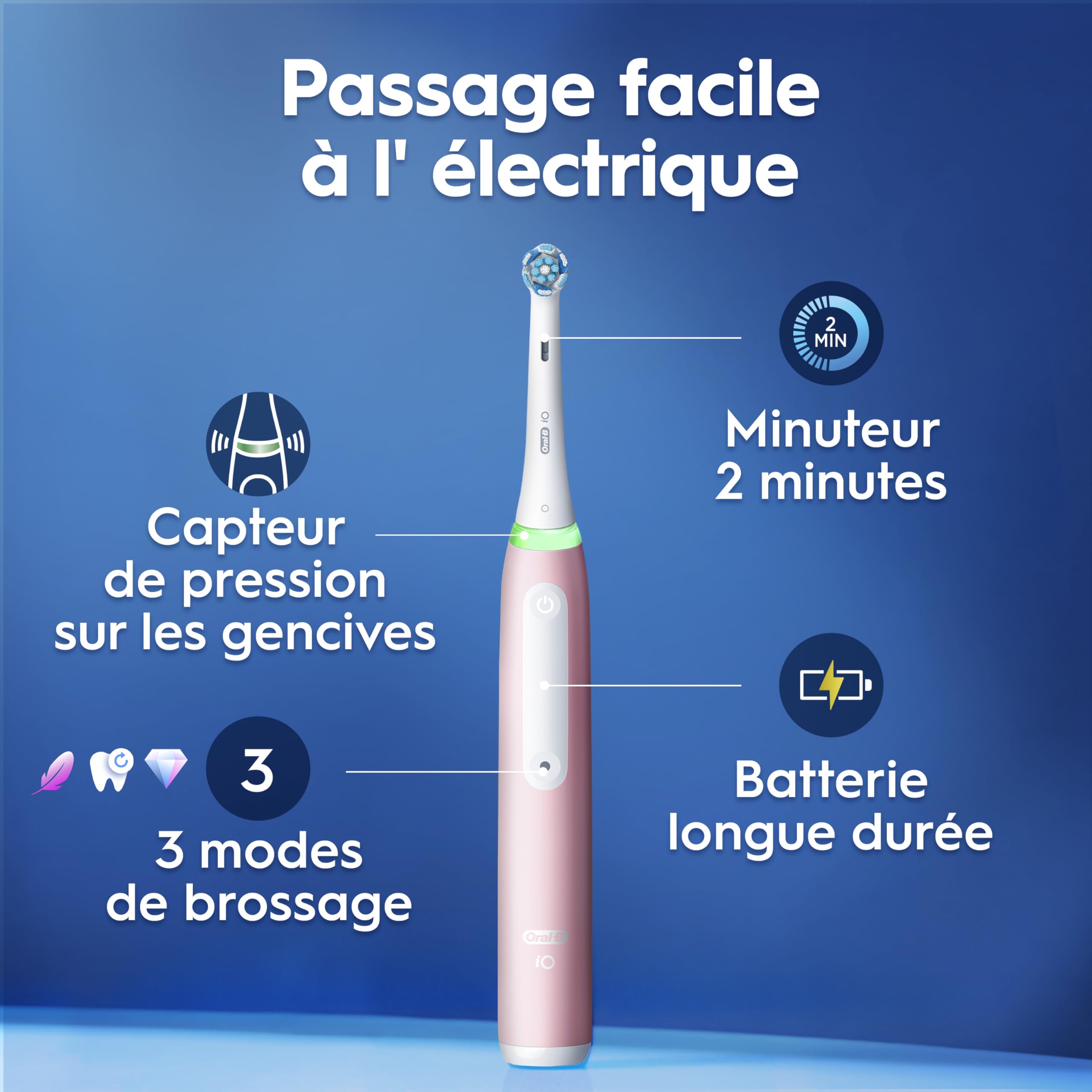 Oral-B Brosse à Dents Electrique iO 3 avec 1 Brossette de Rechange, Rose – 3 Modes de Brossage Silencieux dont Douceur et Blancheur, Capteur de Pression sur les Gencives, Batterie Rechargeable