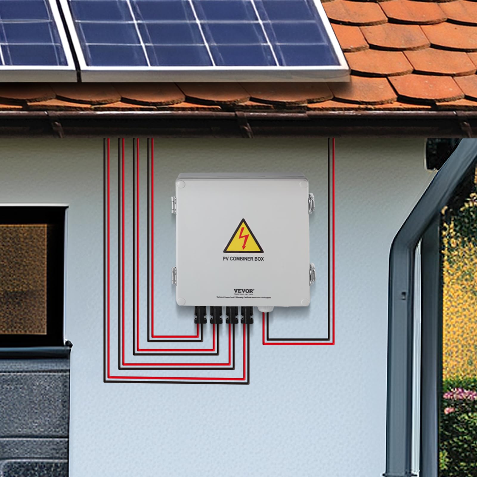 VEVOR PV-Combiner-Box, 4-String, Solar-Combiner-Box mit 10 A Nennstromsicherung, 63 A Leistungsschalter, Blitzableiter und Solaranschluss, ABS-Kunststoffgehäuse für On-/Off-Grid-Solarpanelsystem, IP65