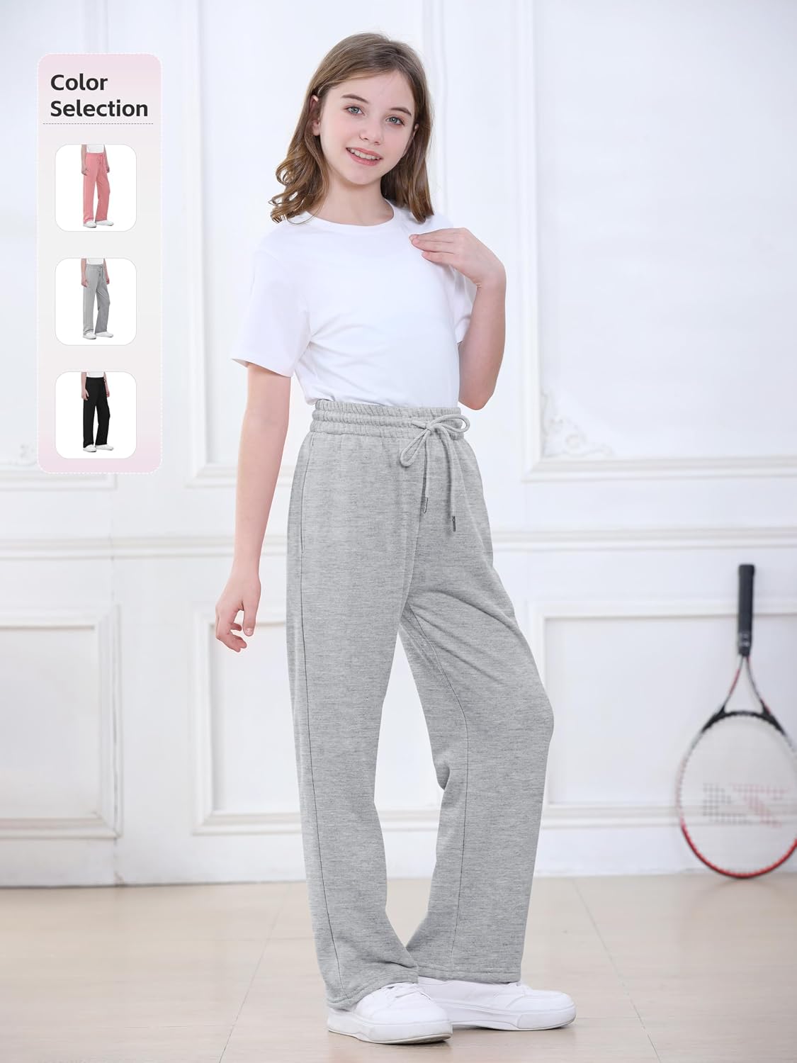 3 Pack Girls Sweatpants Athletic Wide Leg Drawstring Joggers Pants Girls Kids Sweatpants Open Bottom Pants