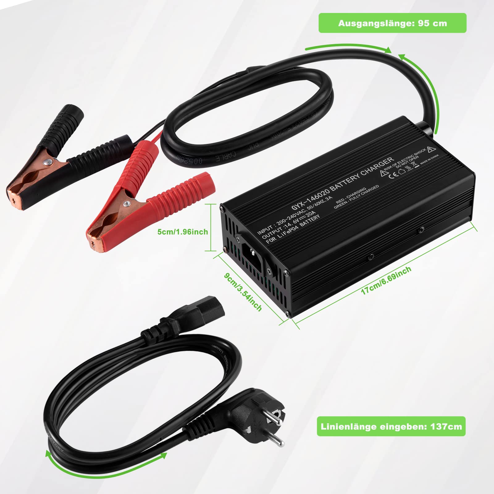 LiFePO4 Batterie Ladegerät 14.6V 20A - Für 12V 100Ah Akku, Krokodilklemmen Schnittstelle, Intelligentes Sechsfach Geschütztes Lithium Ladegerät