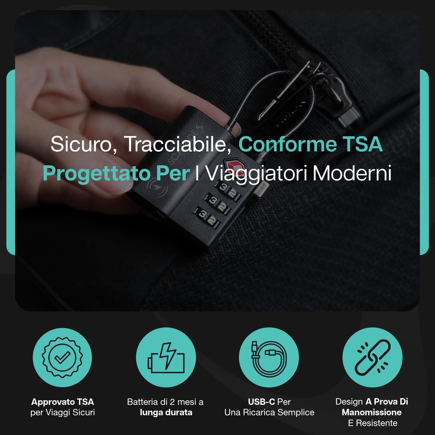 Scapade AirLock – Lucchetto intelligente per valigie approvato TSA con Apple Find My Tracking, batteria ricaricabile USB-C, lucchetto da viaggio ultra resistente per bagaglio a mano e bagaglio
