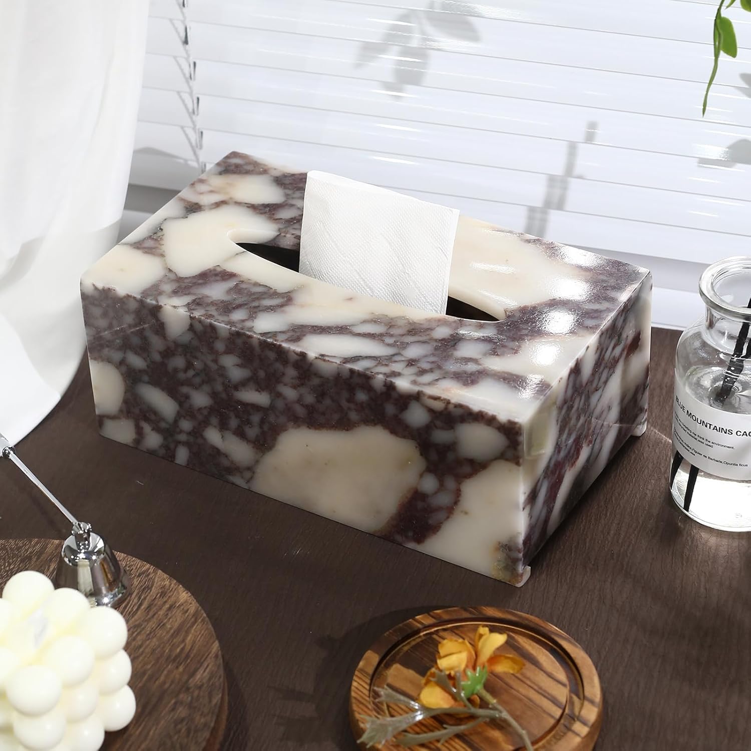 Noble and Light Luxury Natural Travertine Marble Household Tissue Box for Bathroom | Office | Desk | countertop | Vanity | Bedroom | Bedside Table |Calacatta Viola
