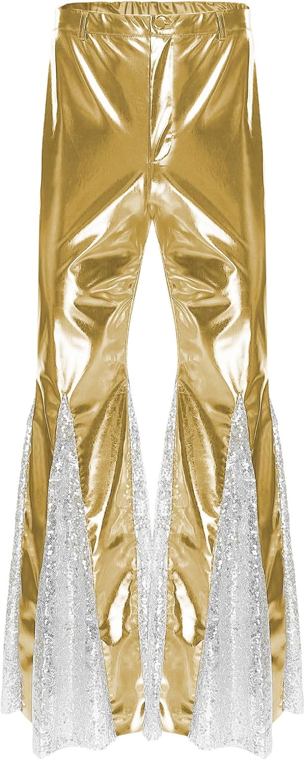 Hularka Womens 70s Disco Dance Bell Bottoms Sequin Patchwork Elastic Waistband Flared Pants