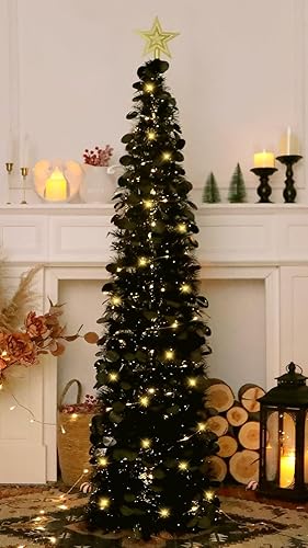 Miniatura 10 de HMASYO - Árbol de navidad de oropel con luces de 5 pies con lentejuelas artificiales, árbol de navidad para decoración en casa, oficina, chimenea,