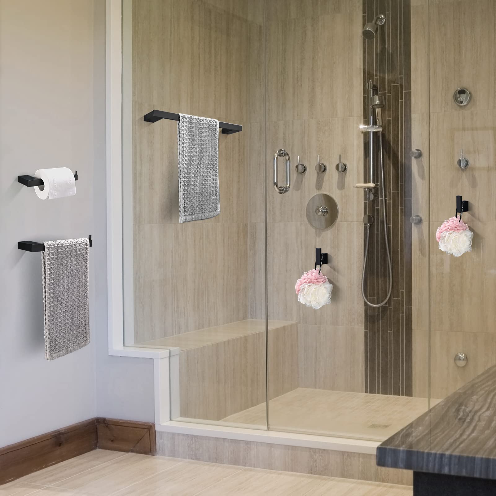 Accesorios Baño Set de 5 Piezas, Toalleros de Baño de Pared Aluminio, Toallero 40cm, Toallero de Papel y Gancho para Toalla de Baño, Colgador Toalla Baño Juego Cuartos Set de Baño, Negro