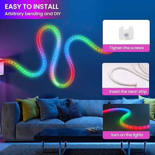 Miniatura 7 de KISUFU Tira de luces LED de neón direccionables de 5 V RGB, IP67 a prueba de agua, 50 LEDsM, luces flexibles de neón arcoíris con música WiFi,