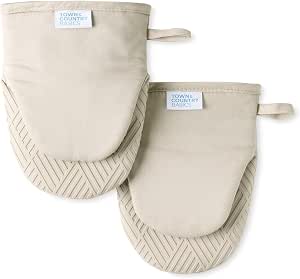 TOWN & COUNTRY BASICS Basketweave Soft Silicone Mini Oven Mitt 2-Pack Set, Heat Resistant up to 500F, Flexible Silicone, Non-Slip Grip, Beige, 5.5"x8"