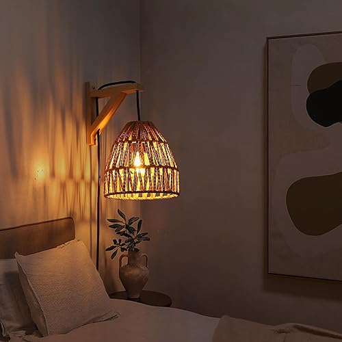 Miniatura 4 de Lámpara de pared moderna con cable de enchufe para mesita de noche, luz de pared blanca para sala de estar, aplique de madera industrial, accesorio