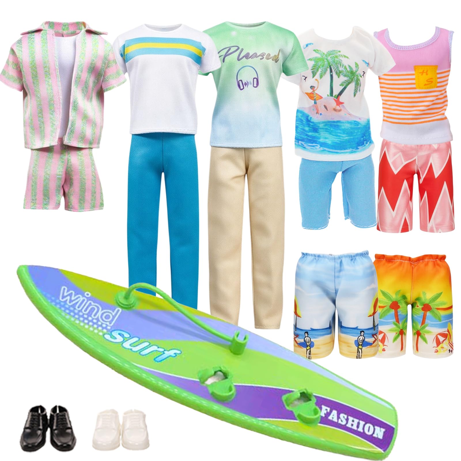 10 Pcs Doll Clothes and Accessories Compatible with Ken, Summer Surfing Outfits with Surfboard, 5 Sets Fashion Casual Wear, 2 Beach Shorts and 2 Shoes, Wonderful Birthday Gift for Kids
