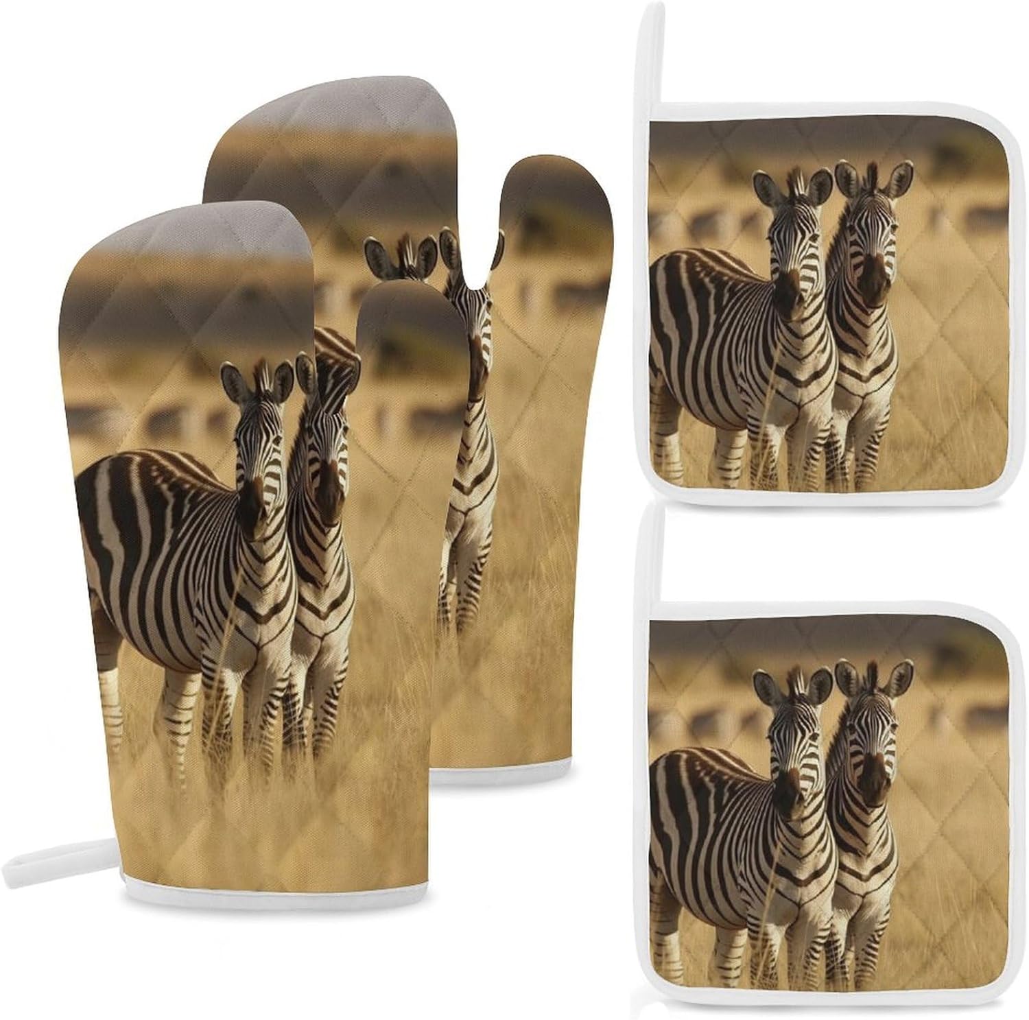 4-Piece Oven Mitts and Pot Holders Set Zebras in The Grass of The Savanna Printed Heat-Resistant Polyester Kitchen Gloves and Potholders Comfortable & Durable for Cooking Baking and Grilling