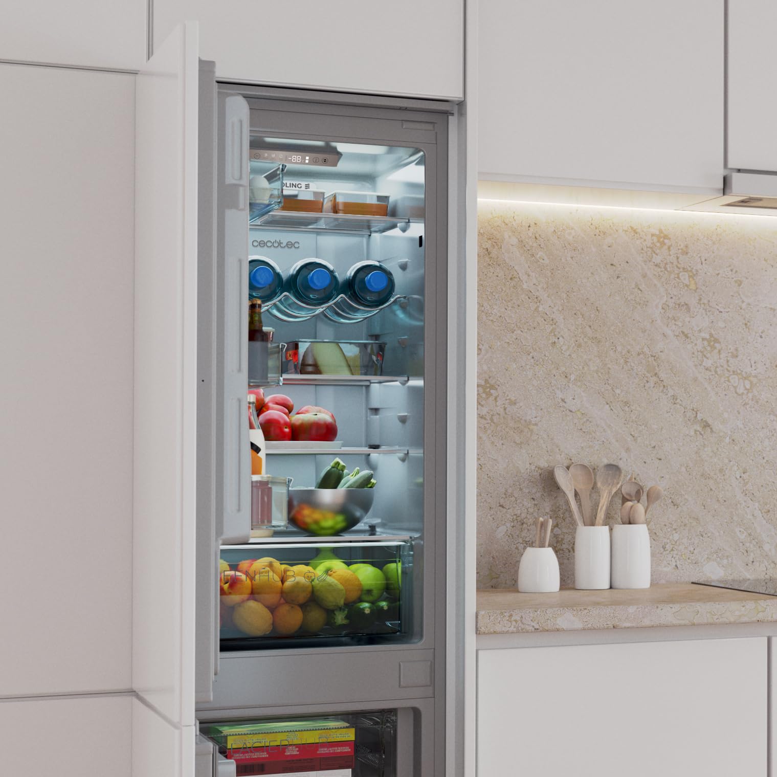 Cecotec Frigorifero Combinato da Incasso Bolero CoolMarket Combi BI-D MC 232 GREY E. 177x54 cm, 232 L, Metal Cooling, Interno Grigio Premium, Classe E, Fast Cooling, Fast Freezing, Efficienza Totale