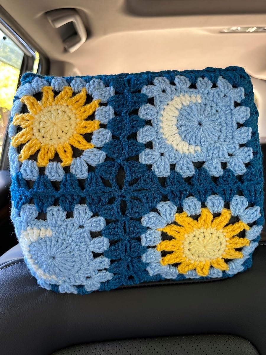 Crochet Sun Moon Car Headrest Cover,Crochet Soft Decorative Universal Fit,2-Pack,for Sedans SUVs Trucks (SunMoon)