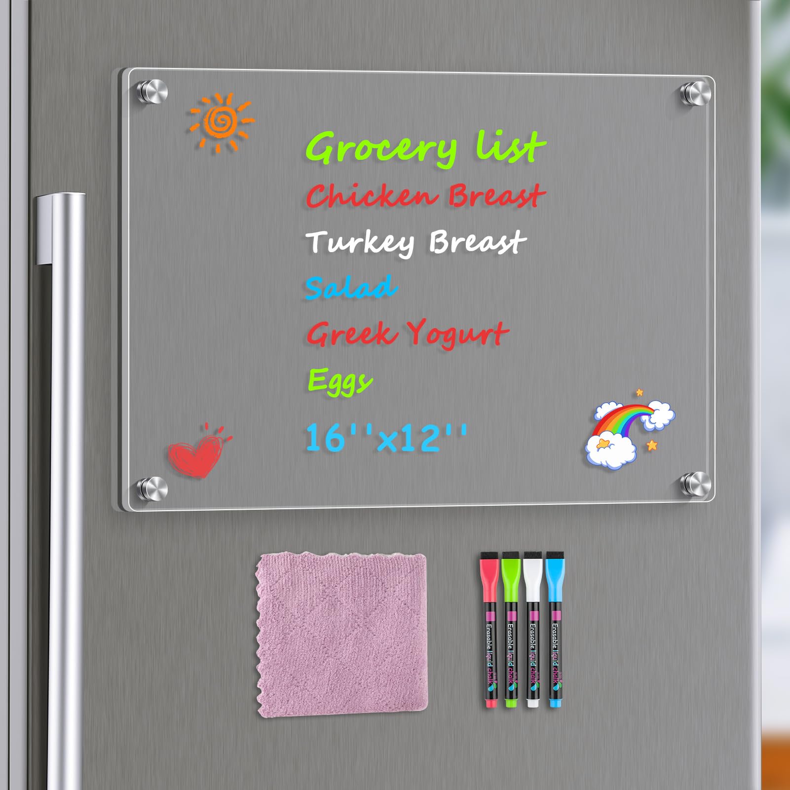 MaxGear 16"x12" Clear Acrylic Magnetic Whiteboard Fridge Dry Erase Board with 4 Markers and 1 Cloth, Reusable Kitchen Refrigerator Blank Memo Meal
