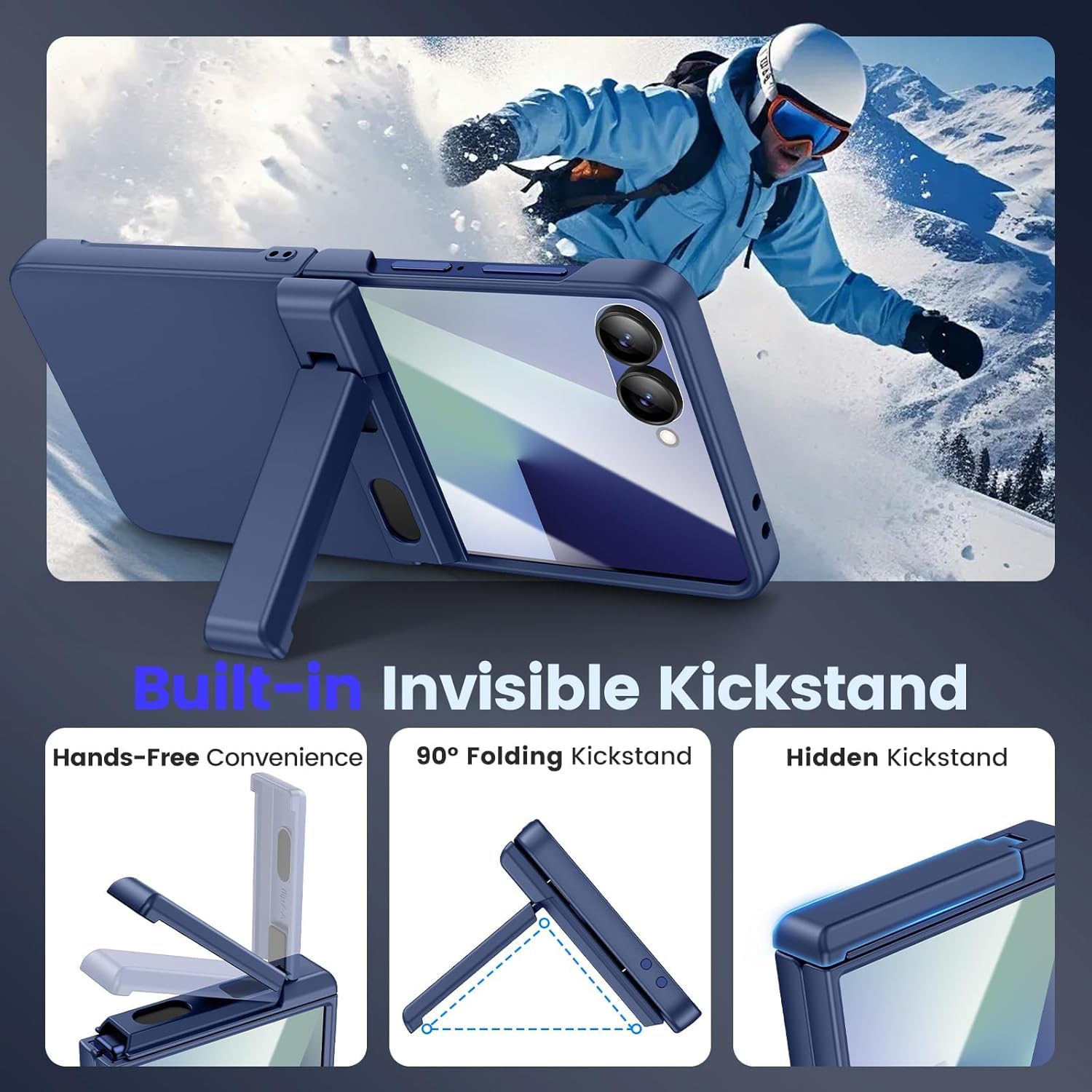 VEGO for Z Flip 7 Case with Screen Protector & Belt Clip [Hinge Protection & Foldable Kickstand] Hard PC Cover Shockproof Anti-Drop & Support Wireless Charing Case for Samsung Galaxy Z Flip 7-Blue