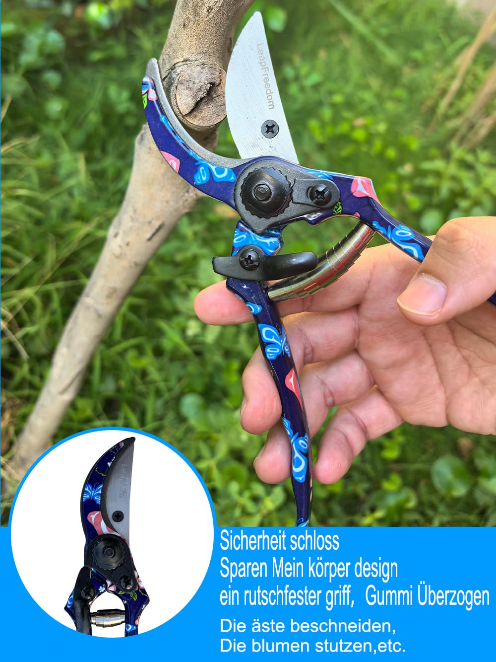 LeapFreedom Gartenschere, große Erdschaufel, Erdharke, Gartenarbeit täglich Lockerung und Beschneidung, rutschfest und langlebig, Geschenk für Männer und Frauen (3 PCS Tool) (Blaue Blume)