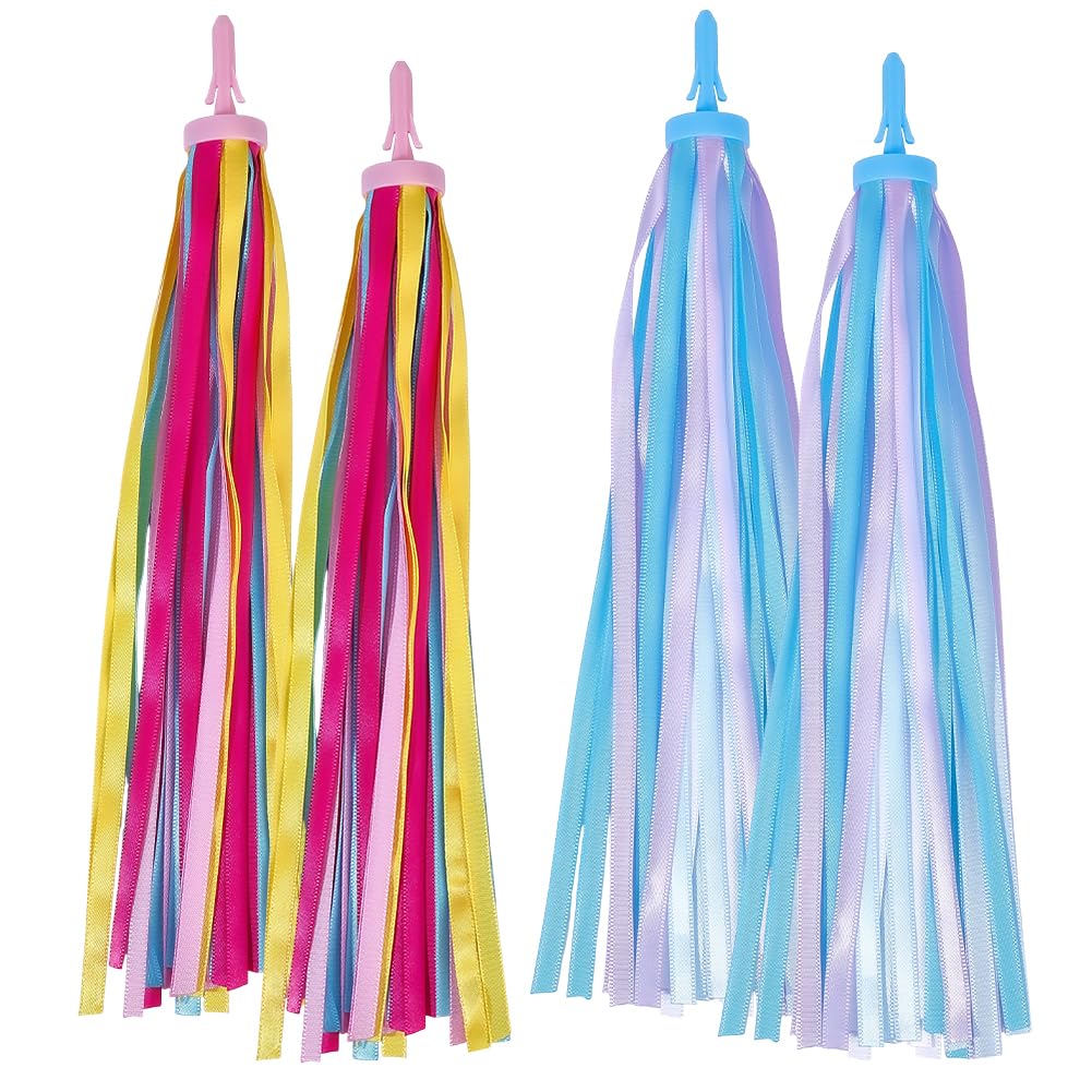 CREATCABIN 4Pcs 2 Colors Rainbow Bike Streamers Scooter Handlebar Streamers Colorful Plastic Sparkle Bright Bicycle Tricycle Handle Bar Grips Tassel Ribbons for Mountain Cycling Decorations 11.2 Inch