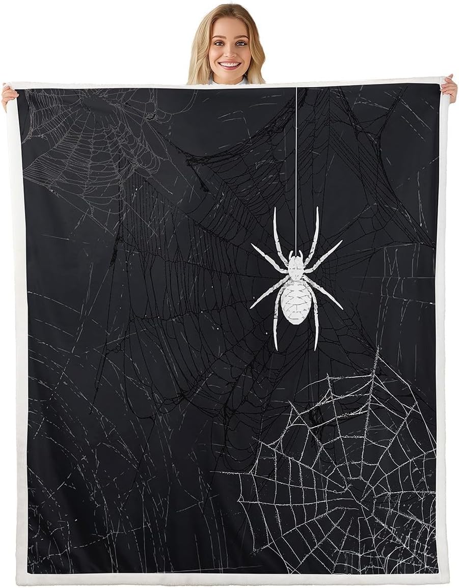 Spider Web Fleece Throw Blanket Throw 50"x60" Kids Halloween Themed Plush Blanket for Bed Sofa Couch Black White Sherpa Blanket Utra Soft Spider Fuzzy Blanket Room Decor