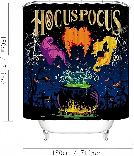 Miniatura 4 de Juego de 4 cortinas de ducha de Halloween, juego de cortinas de ducha Hocus Pocus con alfombras antideslizantes, cubierta para tapa de inodoro y