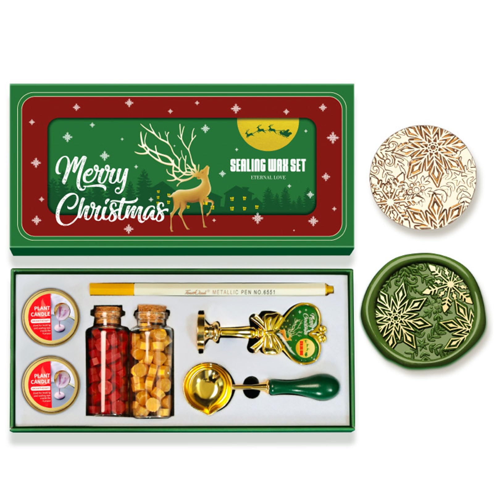 Yhplxyuus Seal Stamp Set with Christmas Seal Stamp, Melting Spoon, Beads, Metallic Pen for Scrapbooking Metal Handle