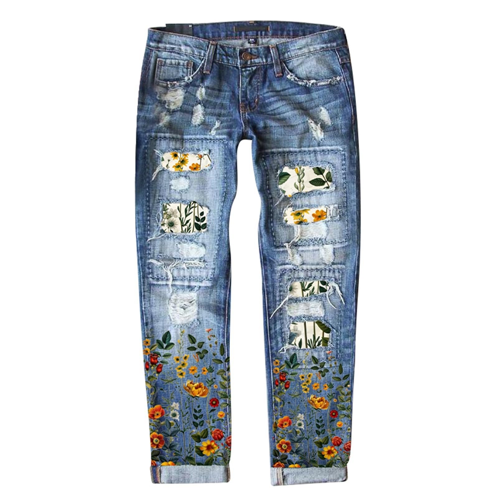 Hosen Damen Jeans - Damen Jeans mit dekorativem Blumenmuster modischen Zerrissenheiten im modernen Skinny Fit für stilvollen Komfort