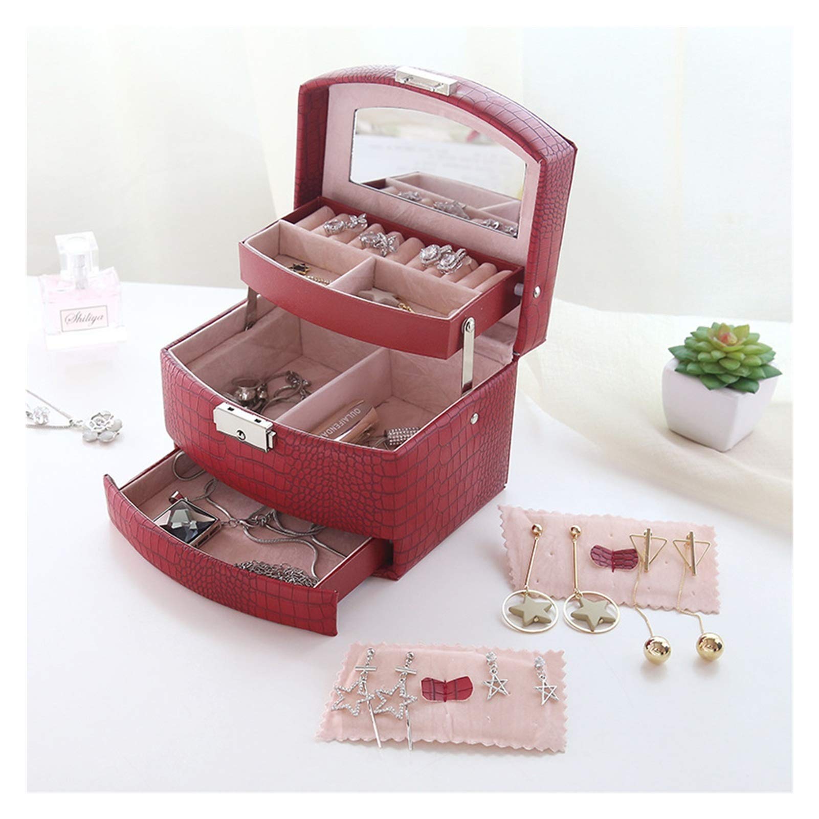 Caja de cuero para joyas con cerradura, joyero organizador de tres niveles con espejo, rojo M