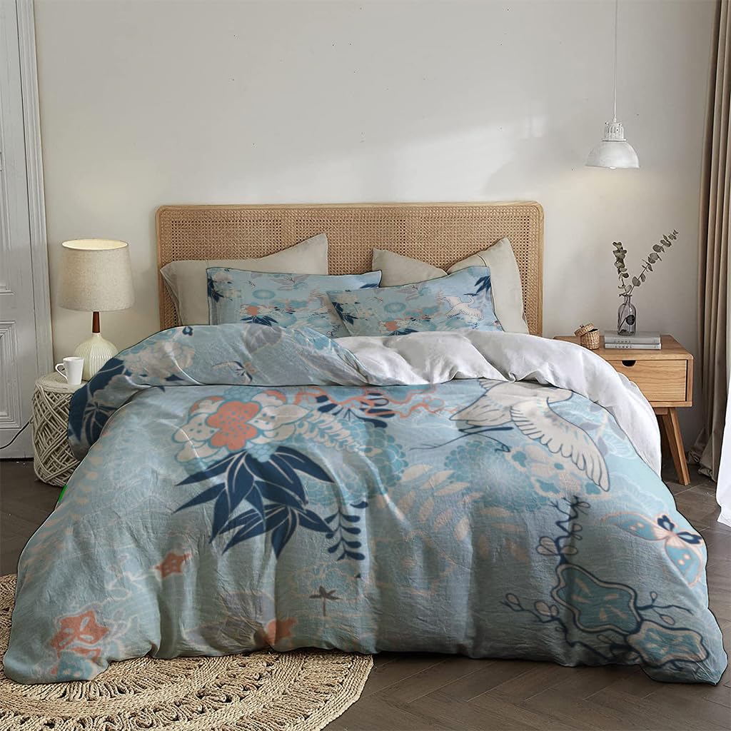 NIBAINLO 布団カバー着物鶴と花 肌に優しい ピーチスキン加工 掛け布団カバー 和式 洋式 あったか 布団カバーセット リバーシブル ホームステイ ホテル 家庭兼用