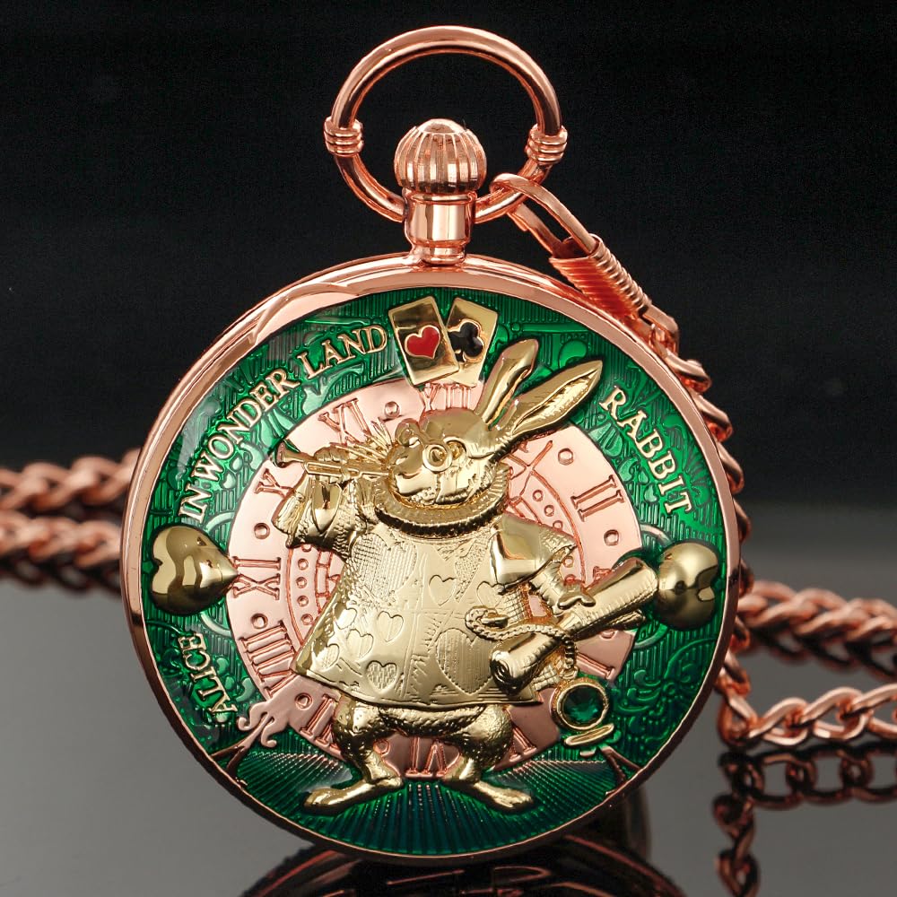 Tiong Orologio da taschino Alice nel paese delle meraviglie con carillon a manovella, con catena, regalo di compleanno e laurea