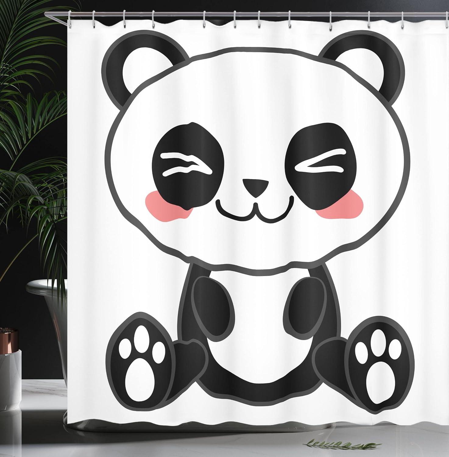 Ambesonne Anime Shower Curtain, Cartoon Smiling Panda Fun Animal Theme Japanese Manga Teen Art Print, Cloth Fabric Bathroom Decor Set with Hooks, 69" W x 70" L, White Grey image 3
