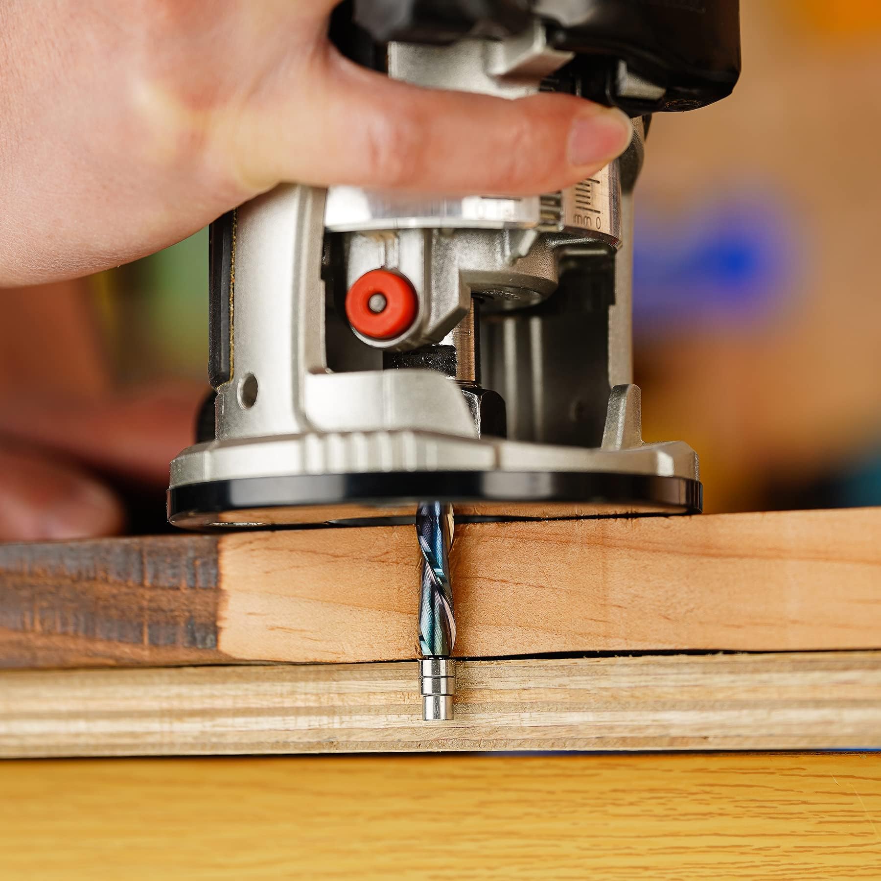 SpeTool 2 punte per fresa a spirale downcut con gambo da 1/4" lunghezza di taglio da 3,8 cm con rivestimento TAC extra lunga, in carburo solido, cuscinetti inferiori per lavorazione del legno
