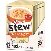 INABA Churu Stew for Cats, Creamy Broth Gelee with Shredded Chicken Topper/Treat Pouch with Vitamin E, 1.4 Ounces per Pouch, 12 Pouches, Chicken Recipe