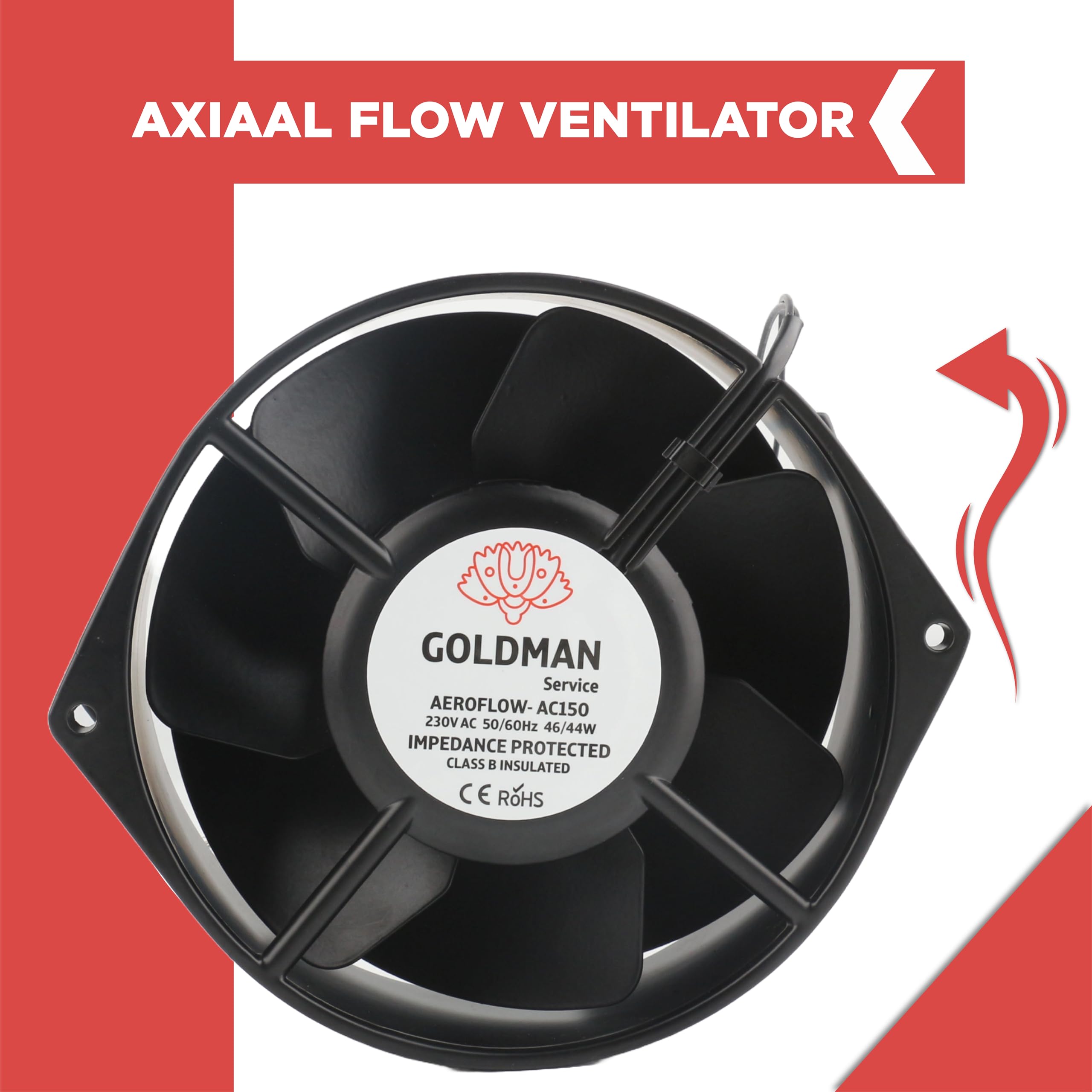GOLDMAN SERVICE | Ventilateur axial pour ventilation et refroidissement, haut débit d'air, silencieux, pales en métal, roulements à billes, corps en aluminium | Dimensions : 150 x 162 x 55 mm