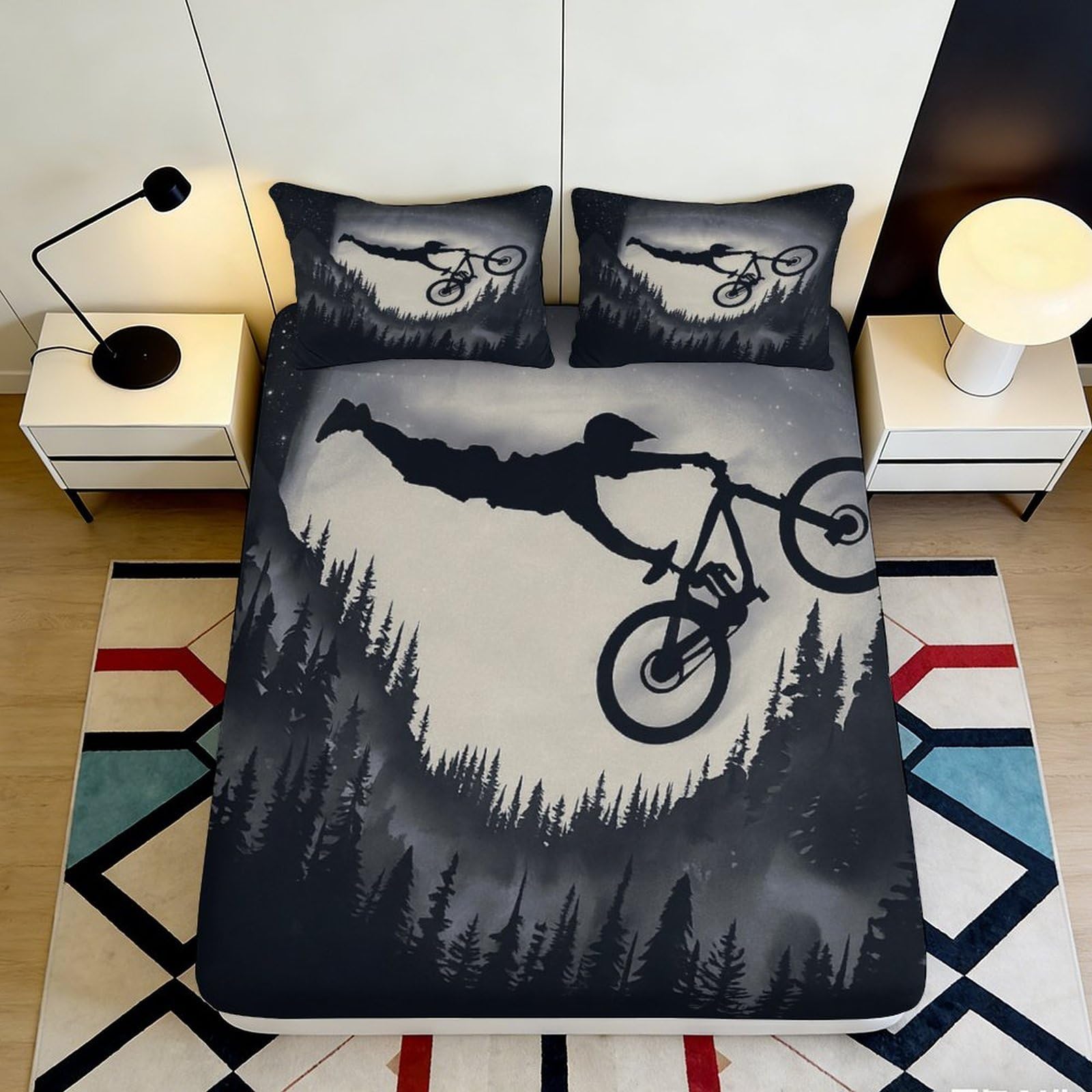 3D Printed Mountain Biker Fitted Sheet Microfiber Durable Black Grey Forest Silhouette Bed Cover for Bedroom Dormitory Guest Room Mattress Protection 90x200x25cm
