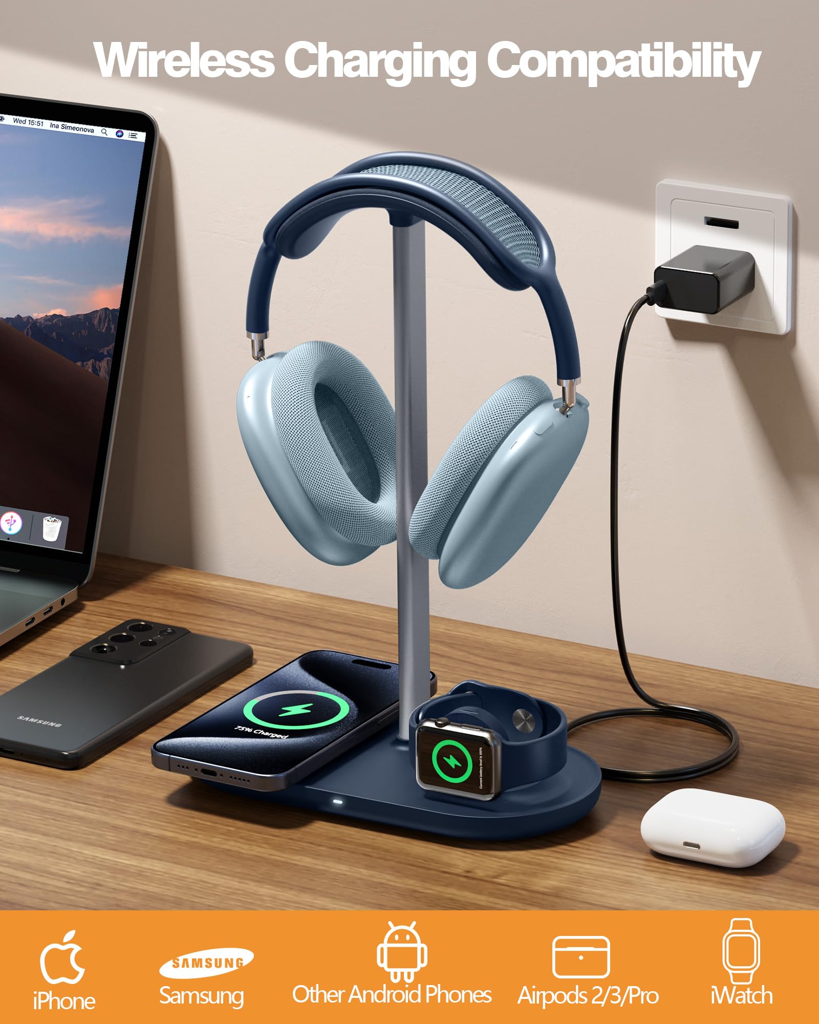 HiWe Soporte para auriculares 3 en 1, soporte universal para auriculares de escritorio con cargador inalámbrico para teléfonos/AirPods/iWatch, varilla de aleación de aluminio, almohadilla de cuero