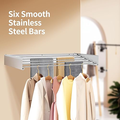 Miniatura 5 de Tendedero plegable para interiores y exteriores, 40 x 20 pulgadas, estante de secado montado en la pared, 6 varillas que ahorran espacio para